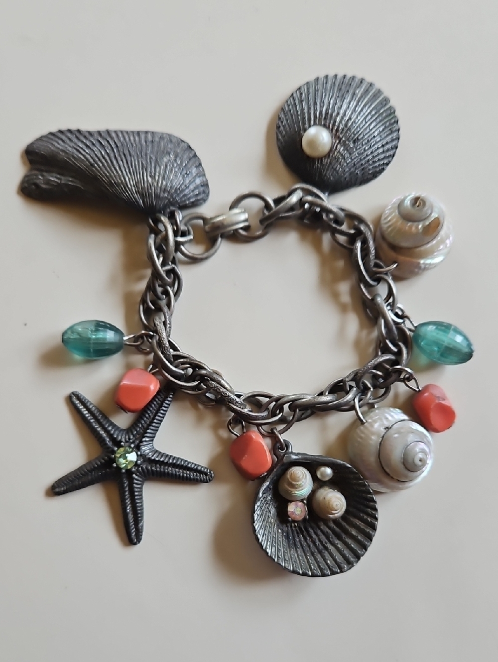 Vintage silver tone Seashore theme charm bracelet Faux Pearls Rhinestones Beads